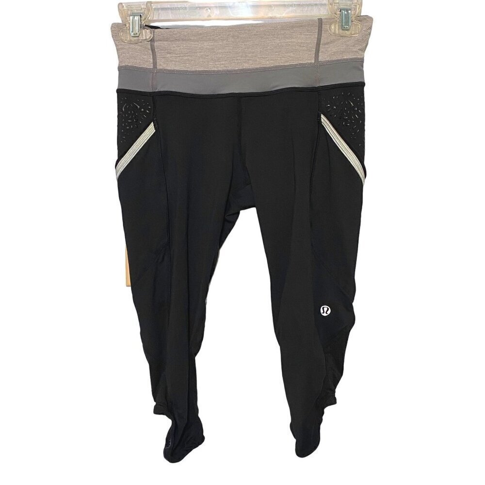 Lululemon Run A Marathon Cropped Leggings Black Reflective Pockets Womens Size 4